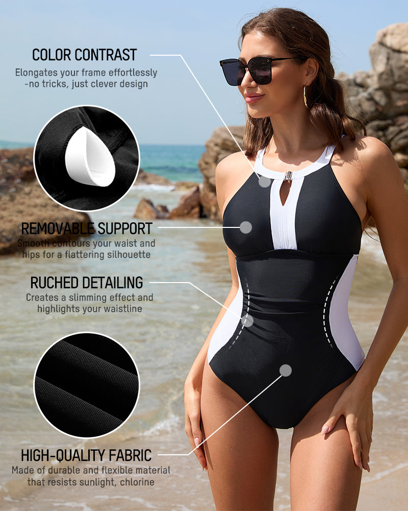 Full Coverage Retro Color Block Swimwear