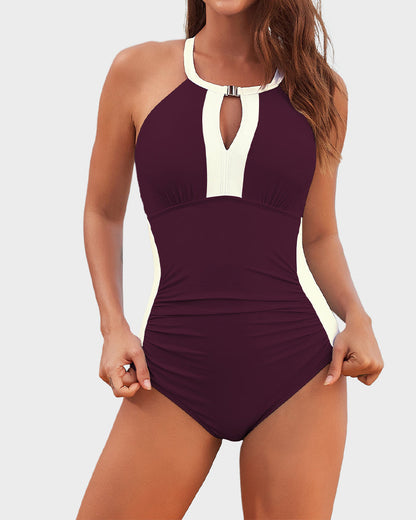 Full Coverage Retro Color Block Swimwear